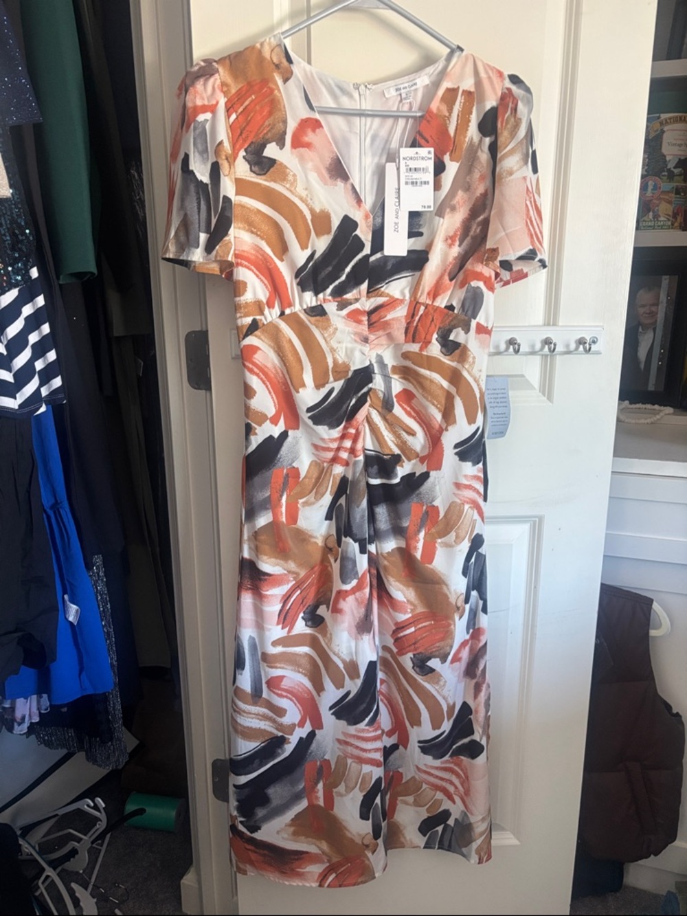 Midi Dress in White with Coral, Tan and Black Brushstroke Print